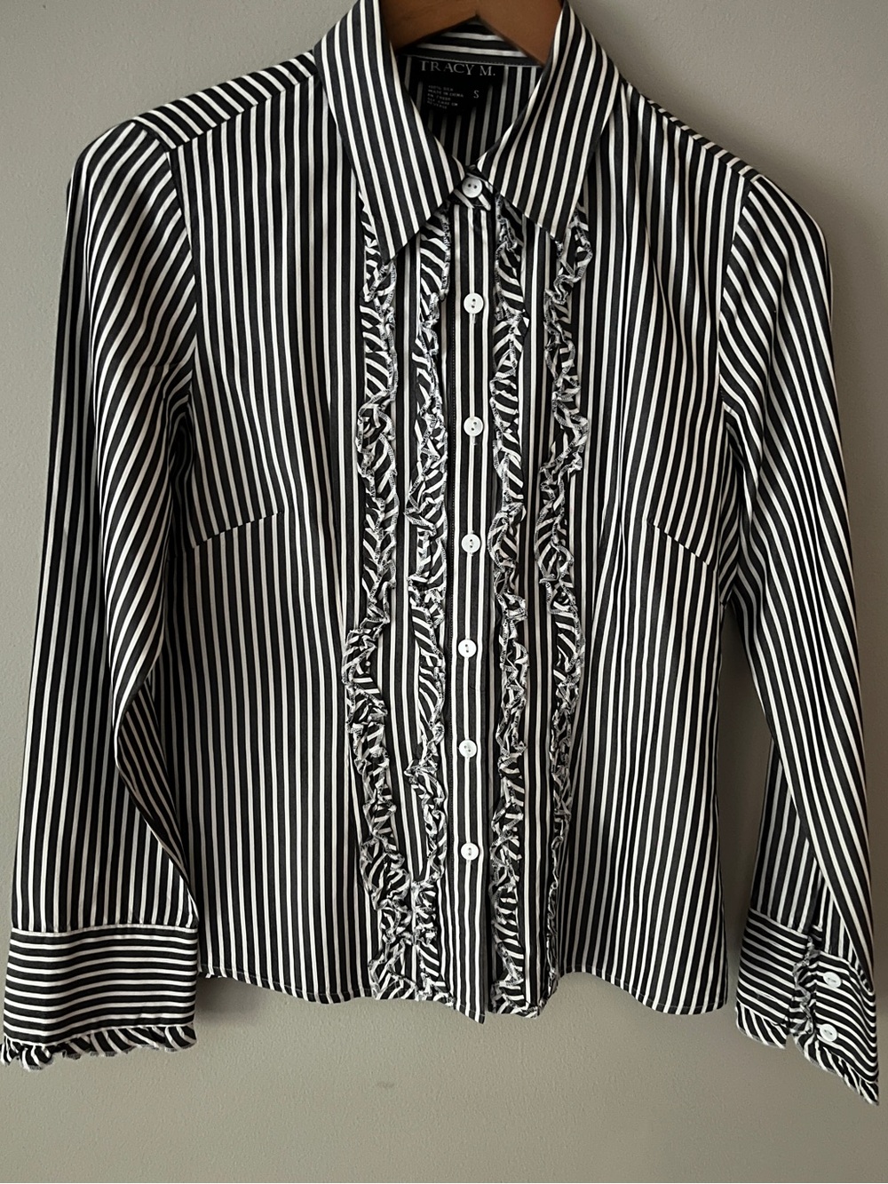 Tracy M Black & White Striped Ruffle Front Button-Down Shirt